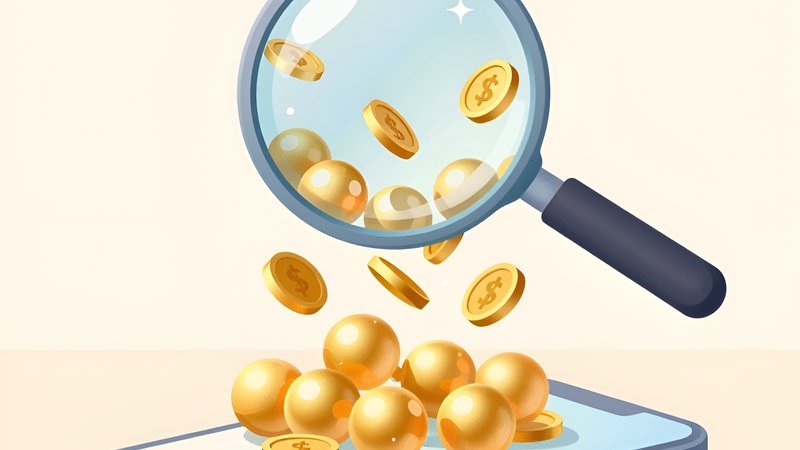 Золотые лотерейные шары и монеты в лупе смартфона символизируют выгоду приветственных бонусов Sixty Six Lottery