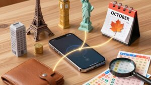 Smartphone connected to global landmarks and lottery tickets for maximizing international lottery subscriptions